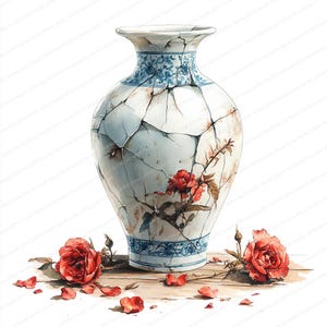 May include: A distressed white and blue ceramic vase with a floral design and cracks. Red roses and petals are scattered around the vase on a wooden surface. The vase has a traditional shape with a wide base and a narrow neck.