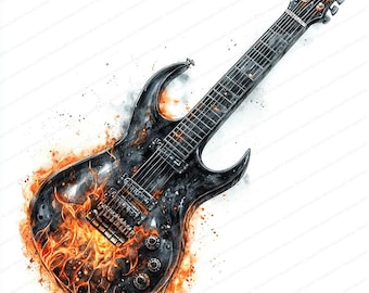 May include: A black electric guitar with a fiery orange and yellow flame design. The guitar has a black body and a silver headstock with six tuning pegs.