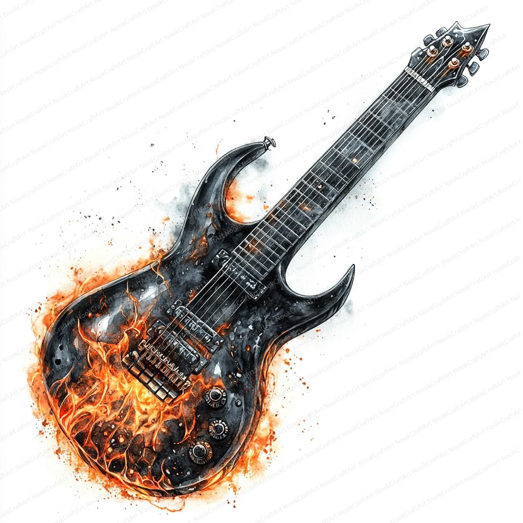 21 Fiery Rock Guitar Clipart | Flaming Guitar Art Design