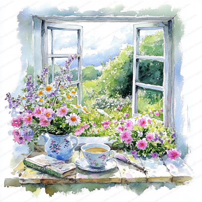 20 Spring Window View Clipart | Watercolor Spring Clipart | High ...