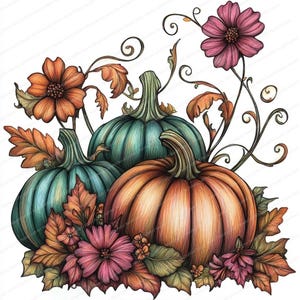 Art populaire, citrouilles et fleurs, clipart | 20 superbes fichiers JPG de haute qualité | Idéal pour le bricolage, la fabrication de cartes et le scrapbooking