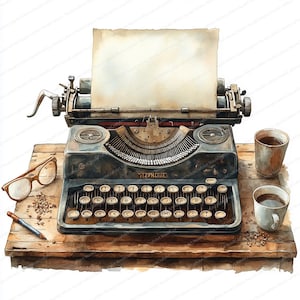 May include: Watercolor illustration of a vintage typewriter with a blank paper sheet, glasses, pen, and two cups of coffee on a wooden desk. The typewriter is black with silver accents and a keyboard with white keys.