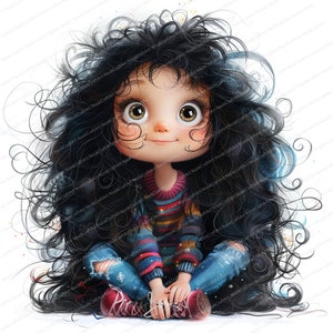 Puede incluir: Una ilustraci&oacute;n de dibujos animados de una ni&ntilde;a con el pelo largo y negro rizado que lleva un jersey a rayas rojas y azules, unos vaqueros azules con rotos y unas zapatillas rojas. Est&aacute; sentada con las piernas cruzadas y las manos en el regazo.