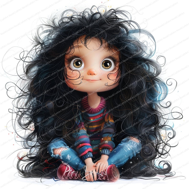 Puede incluir: Una ilustraci&oacute;n de dibujos animados de una ni&ntilde;a con el pelo largo y negro rizado que lleva un jersey a rayas rojas y azules, unos vaqueros azules con rotos y unas zapatillas rojas. Est&aacute; sentada con las piernas cruzadas y las manos en el regazo.