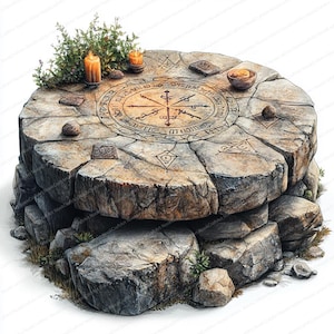 May include: A stone altar with a circular top featuring a compass design and runes. The altar is surrounded by small stones, candles, and a bowl.