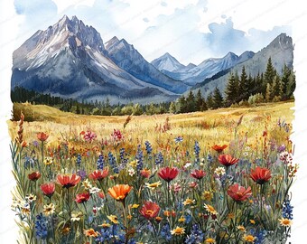 20 野生の花畑のクリップアート | 花が咲く山のイラスト | 印刷可能な