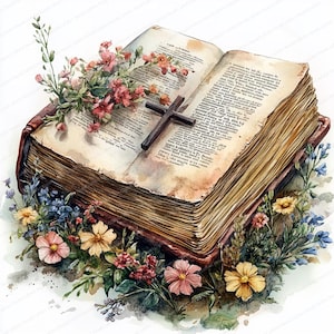 21 Cliparts de Bíblia com Cruz e Flores | Design de Ilustração Floral Religiosa | Clipart de Aquarela para Imprimir | JPGs de Alta Qualidade