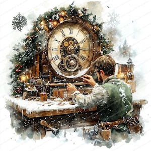 Peut inclure: Illustration à l'aquarelle d'un horloger au travail dans un atelier enneigé. Une grande horloge ancienne avec des engrenages visibles est au centre, entourée d'outils et de décorations de Noël. L'horloger porte un gilet vert.