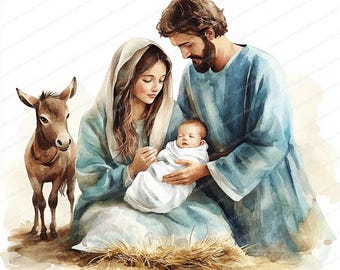 20 Watercolor Nativity Scene Clipart | Merry Christmas Clip Art Designs | High Quality JPGs | Digital download | Paper craft | junk journal