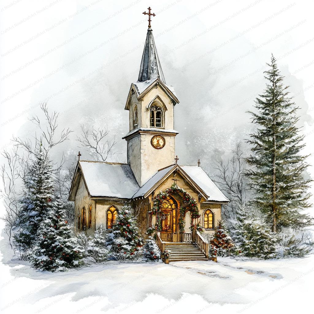 20 クリスマス教会クリップアート | 冬の教会のイラスト | 印刷可能な
