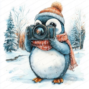 19 imágenes prediseñadas de fotógrafo de pingüinos / Arte de animal lindo con cámara / Imágenes prediseñadas de acuarela imprimibles / JPG de alta calidad / Manualidades de papel / Diario