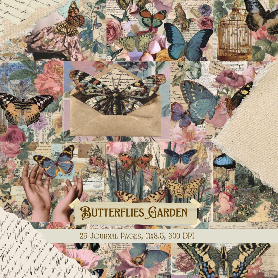 Butterflies Garden Junk Journal Kit | Vintage Winged Floral Collage ...