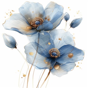 Pode incluir: Pintura em aquarela de flores azuis com detalhes dourados. As flores são delicadas e translúcidas, com uma qualidade suave e etérea. Os detalhes dourados adicionam um toque de luxo e elegância.