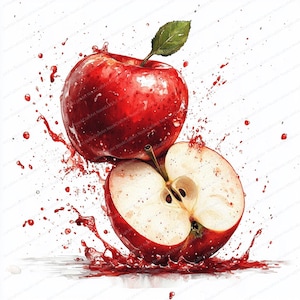 Könnte beinhalten: Ein roter Apfel mit einem grünen Blatt ist in zwei Hälften geschnitten und mit rotem Saft bespritzt. Der Apfel befindet sich auf einem weißen Hintergrund.