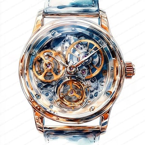Puede incluir: Un reloj de pulsera dorado con esfera transparente, que muestra intrincados engranajes y mecanismos. El reloj tiene una correa de cuero azul y un estilo de acuarela detallado. El diseño resalta el funcionamiento interno del reloj.