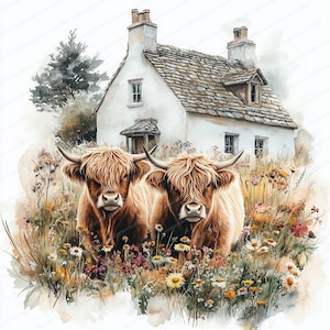 May include: Two brown Highland cattle with long, shaggy fur stand in a field of wildflowers in front of a white cottage with a stone roof.
