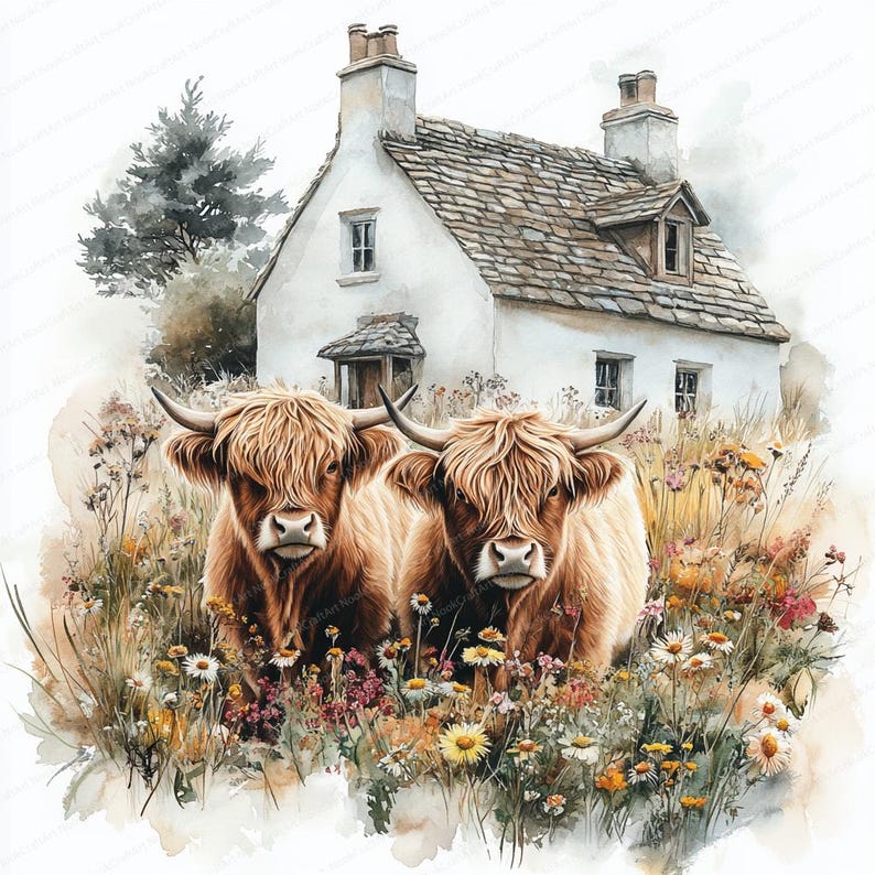 May include: Two brown Highland cattle with long, shaggy fur stand in a field of wildflowers in front of a white cottage with a stone roof.