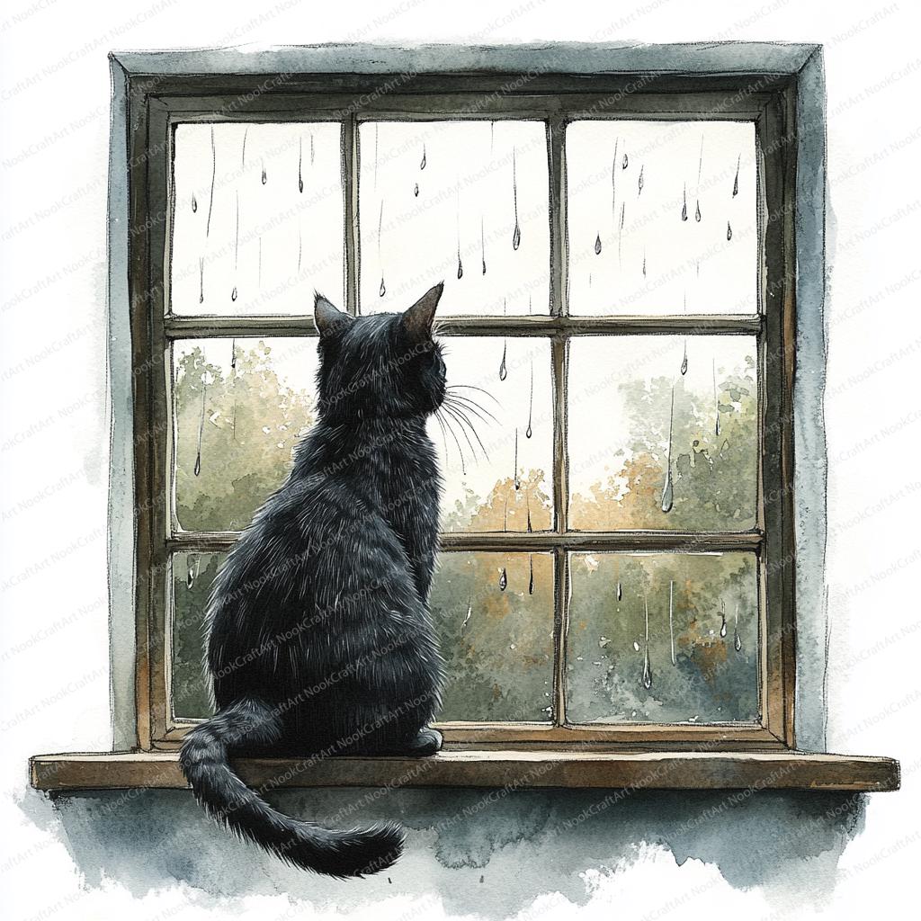 雨を眺める猫のクリップアート 20 枚 | 居心地の良い窓辺の風景