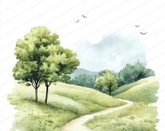 14 Watercolor Meadow Clipart | Summer Landscape Illustration | Printable Watercolor clipart | High Quality JPGs | Digital download