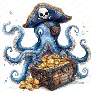 18 Clipart de Polvo Pirata Baú do Tesouro | Arte Animal Náutica do Oceano | Clipart de Aquarela para Imprimir | JPGs de Alta Qualidade | Diário de Lixo