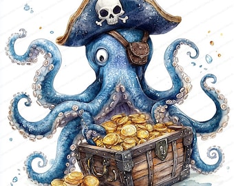 18 海賊タコ クリップアート 宝箱 | 海洋動物アート | 印刷可能な