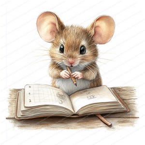 May include: A brown mouse with large ears sits at a desk with a pencil in its paws and a open book in front of it.