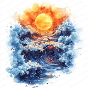 23 Sun and Waves Clipart | Minimalist Ocean Design | Printable Watercolor clipart | High Quality JPGs | Paper craft | Junk journal