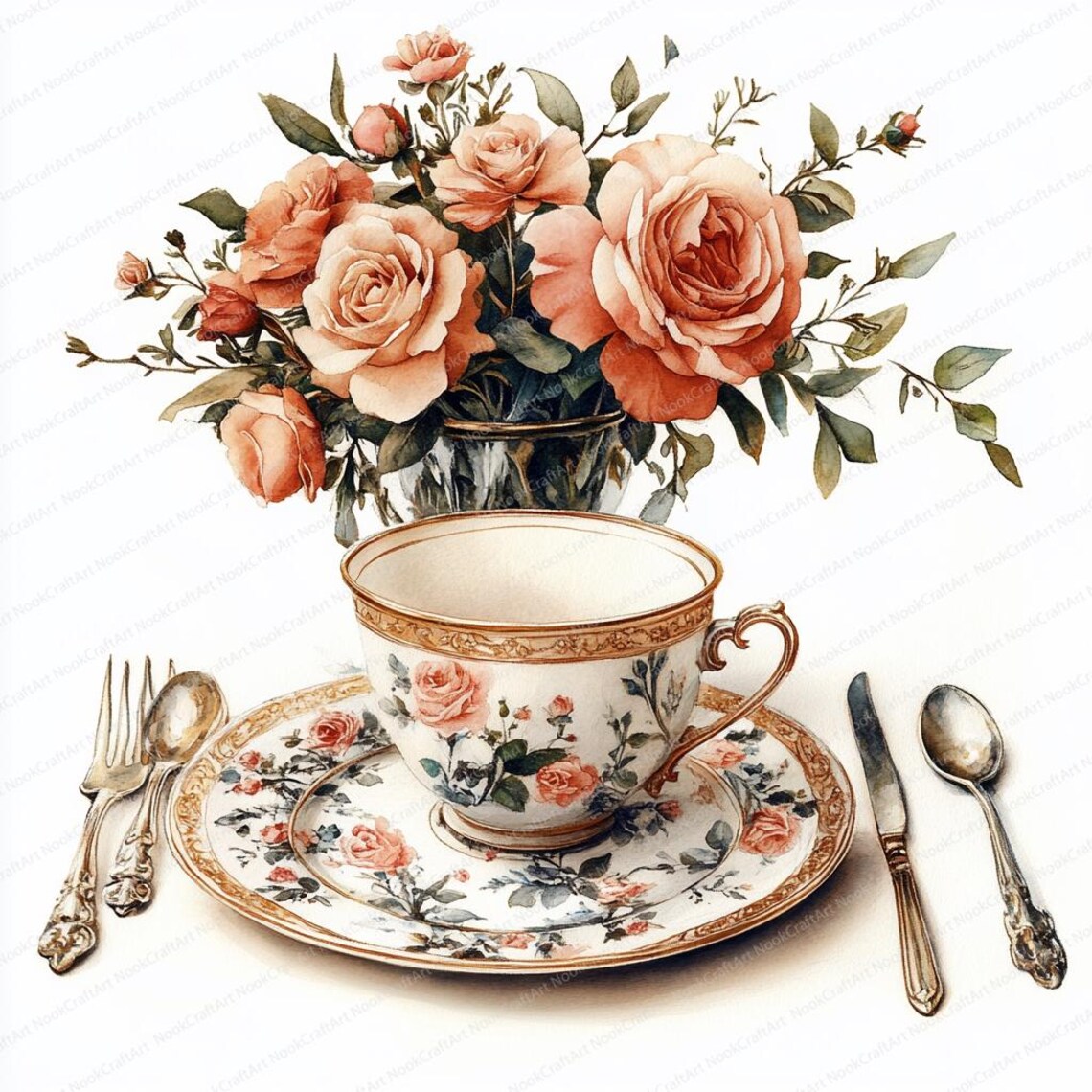 Tableware Graphics Picture 24 Vintage Tableware Clipart | Retro Crockery Graphics | Printable ...