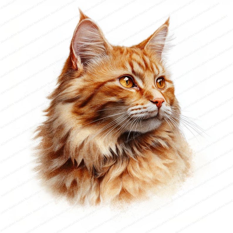 May include: A close-up portrait of a ginger cat with bright yellow eyes. The cat has long, fluffy fur and is looking to the right of the frame.