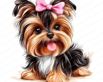 May include: A small Yorkshire Terrier puppy with brown, black, and white fur is sitting on a white background. The puppy is wearing a pink bow with white polka dots.