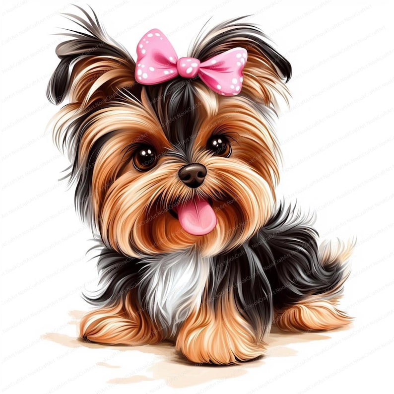 Pode incluir: Um pequeno filhote de Yorkshire Terrier com pelo marrom, preto e branco est&aacute; sentado em um fundo branco. O filhote est&aacute; usando um la&ccedil;o rosa com bolinhas brancas.