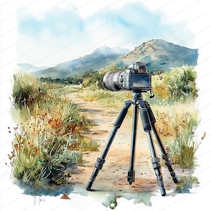 May include: A black camera with a lens is mounted on a tripod. The camera is pointed down a dirt path in a landscape with green hills and bushes.