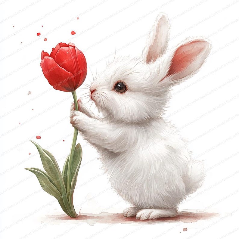 17 Rabbit Sniffing Tulip Clipart | Cute Spring Floral Illustration ...