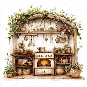 18 grillige feeënkeukenclipart | Betoverde sprookjeshuis aquarelkunst | Afdrukbare clipart | Hoge kwaliteit JPG's | Papierkunst | Tijdschriften