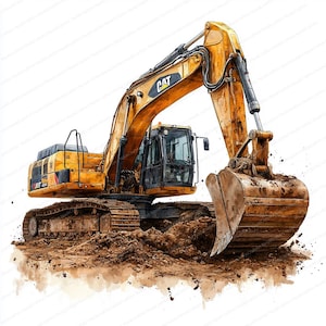 May include: A yellow Caterpillar excavator with a large bucket digging in the dirt. The excavator is on a dirt track and has a white background.