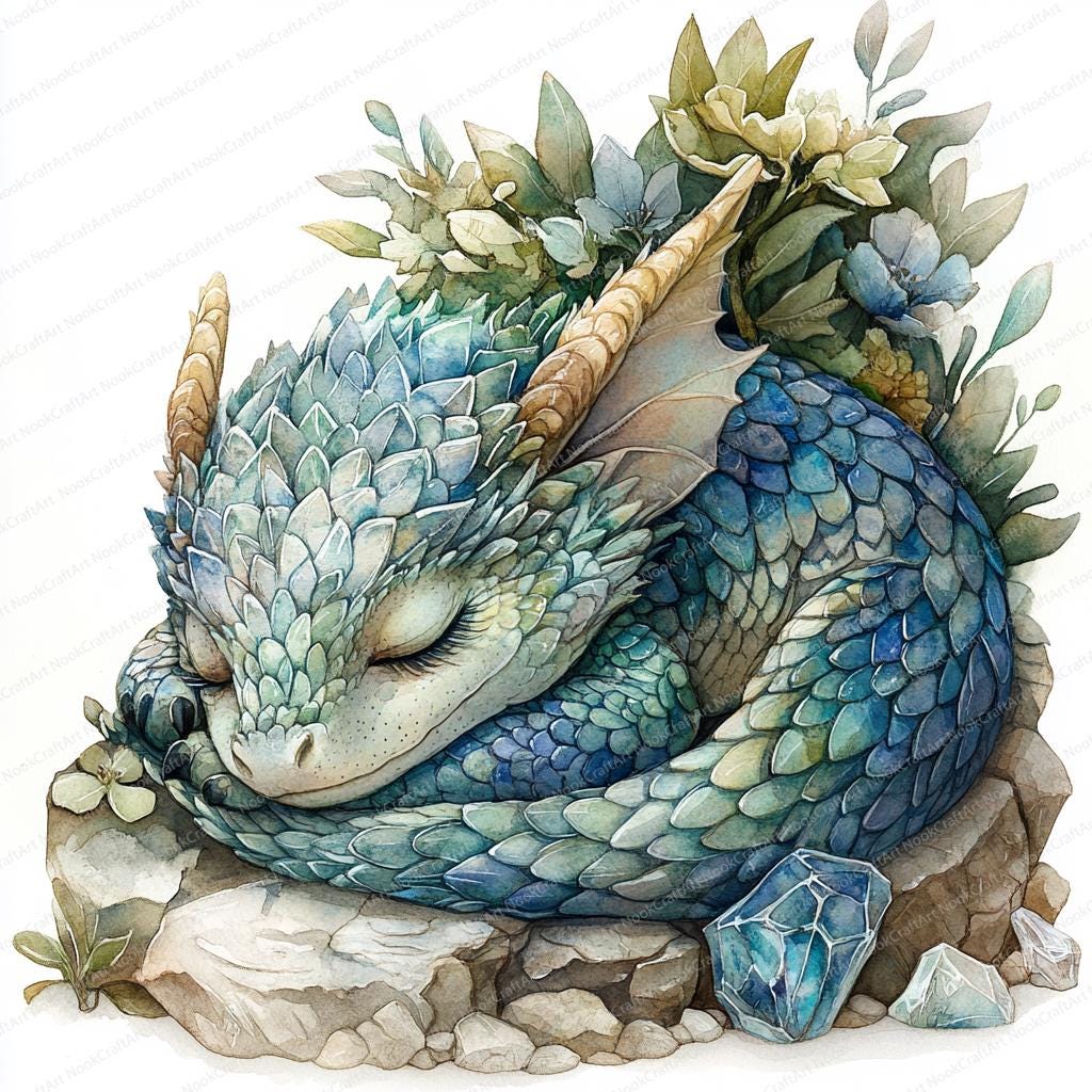 24 Sleeping Dragon Clipart With Crystal | Fantasy Creature Illustration ...