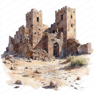 21 Clipart Forteresse du désert | Château en ruine dans le sable | Clipart aquarelle imprimable | JPG de haute qualité | Créations en papier | Journal indésirable