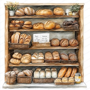 May include: Watercolor illustration of a wooden bakery shelf filled with various types of bread. The shelves display loaves, rolls, and baskets of baked goods. Jars of preserves and small plants add to the rustic charm. A sign displays the prices.
