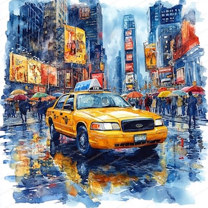 18 Yellow NYC Taxi Clipart Set | Urban Cab Illustrations | Printable Watercolor clipart | High Quality JPGs | Paper craft | Junk journal