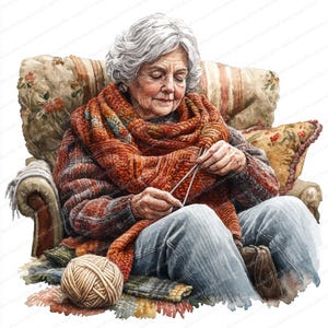 20 Clipart grand-mère tricot | Écharpe faite main confortable Illustration | Clipart aquarelle imprimable | JPG de haute qualité | Créations artisanales en papier | revue