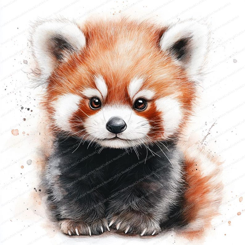 K&ouml;nnte beinhalten: Ein Aquarellbild eines Roten Pandas mit einer wei&szlig;en Brust und schwarzen Beinen. Der Panda sitzt auf einem wei&szlig;en Hintergrund mit Aquarellspritzer.