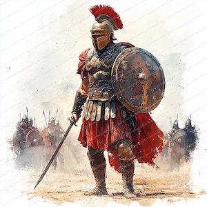 Peut inclure: Illustration d'un soldat romain en armure complète, tenant une épée et un bouclier. Le soldat porte un casque en bronze avec un panache rouge, une tunique rouge et une cuirasse. D'autres soldats sont en arrière-plan, avec des tons terreux.