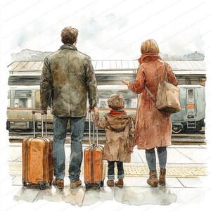 18 Clipart de Viagem em Família | Malas e Cena de Estação de Trem | Clipart de Aquarela para Imprimir | JPGs de Alta Qualidade | Artesanato em Papel | Diário de Lixo