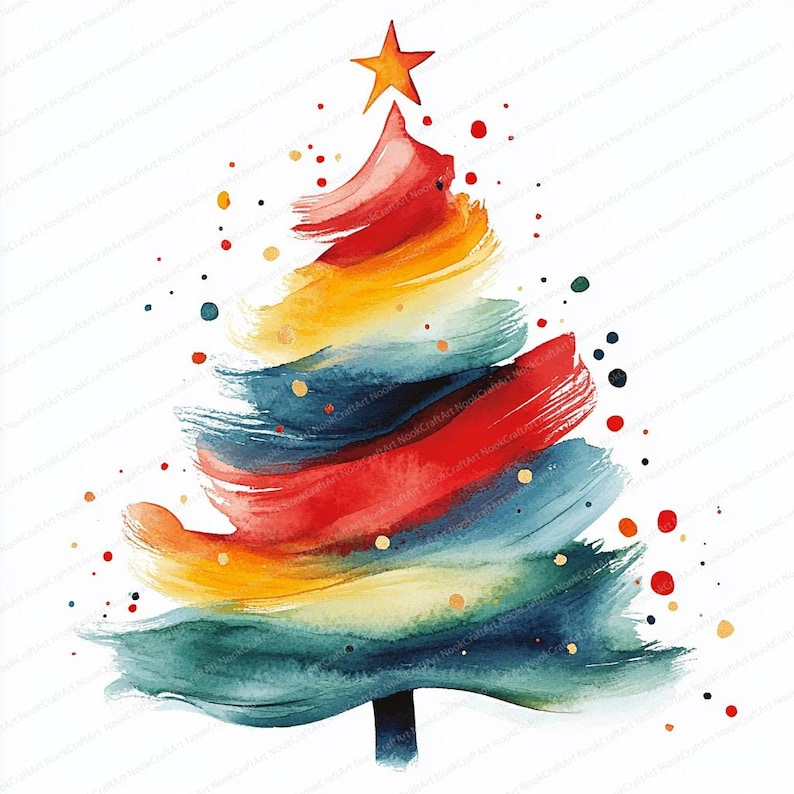 Peut inclure: Peinture &agrave; l'aquarelle d'un sapin de No&euml;l avec une &eacute;toile au sommet. L'arbre est compos&eacute; de coups de pinceau color&eacute;s en rouge, jaune, bleu et vert. Des points dor&eacute;s et rouges sont dispers&eacute;s autour de l'arbre sur fond blanc.