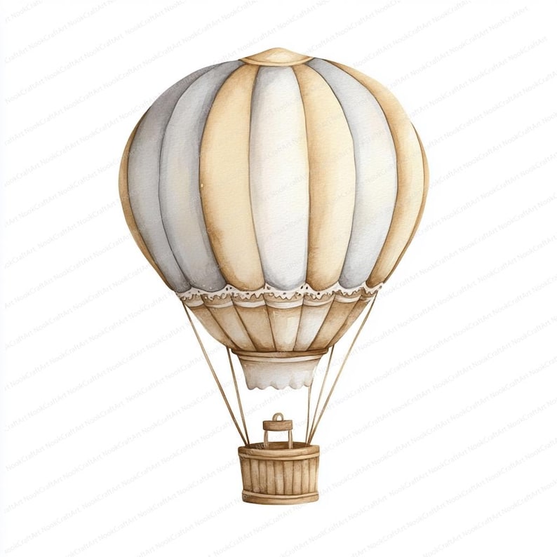 Op de afbeelding: Een aquarel-illustratie van een luchtballon met een mand. De ballon is gestreept met lichtblauw en beige en heeft een witte kantversiering. De mand is van hout en heeft een touw eraan bevestigd.