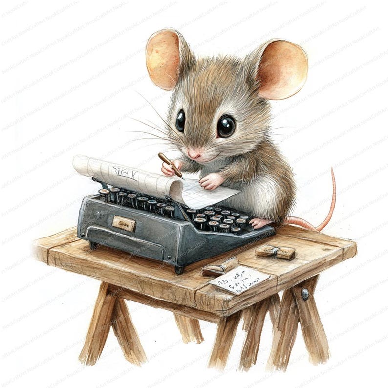 May include: A small brown mouse sits at a vintage typewriter, writing on a piece of paper. The mouse is wearing a serious expression and holding a pen in its paw. The typewriter is on a wooden table with a small note on it.