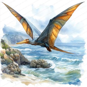 22 Clipart di pterodattilo nel cielo dell'oceano / Uccello preistorico sul mare / Clipart acquerello stampabile / JPG di alta qualità / Carta artigianale / Diario di scarto