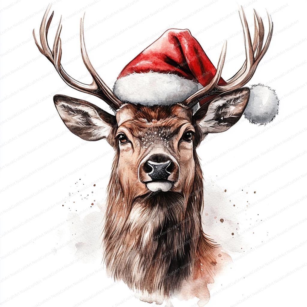 20 Deer With Santa Hat Clipart | Reindeer and Fawn | Watercolor Designs ...