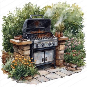 May include: A stainless steel gas grill with four burners is built into a stone patio. The grill is surrounded by lush green plants and flowers.