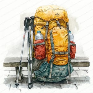 May include: Watercolor illustration of a large yellow and teal hiking backpack with multiple pockets, straps, and buckles. Two water bottles are in red side pockets. Trekking poles lean against the pack. The backpack is next to a wooden bench.